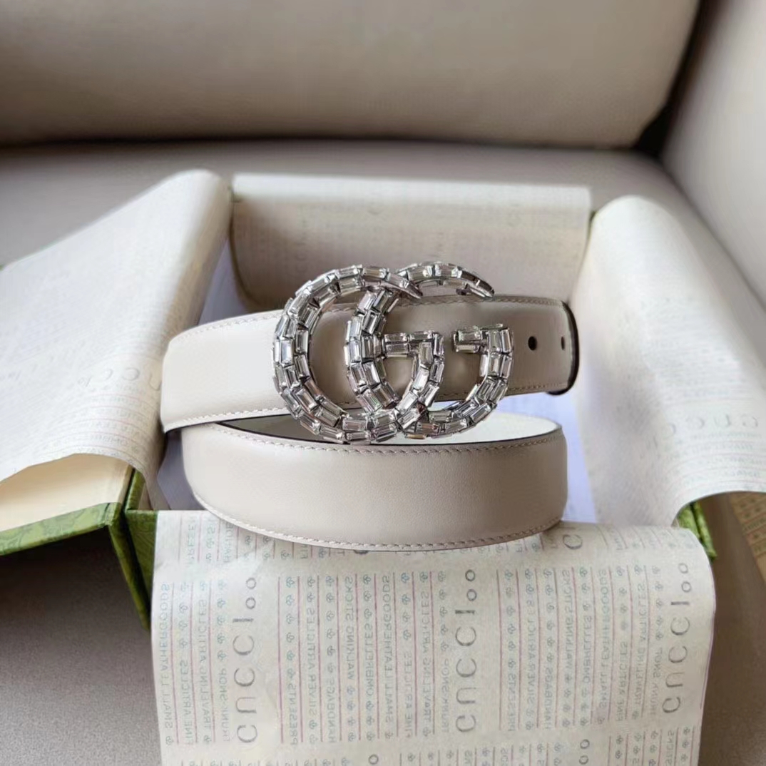 Gucci Unisex GG Marmont Thin Belt Crystals White Leather Double G Buckle 3 CM Width
