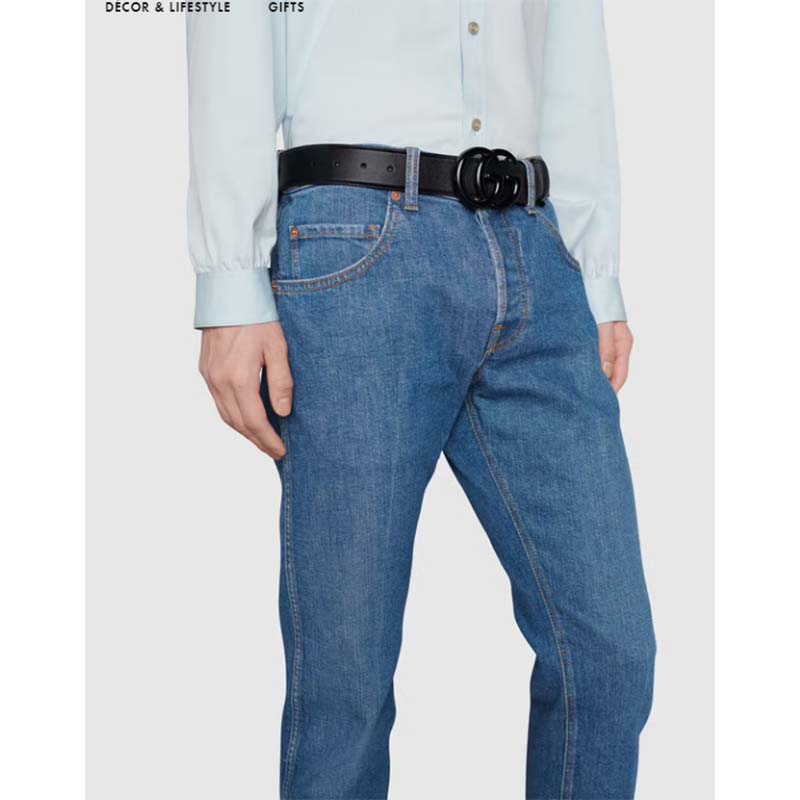 Gucci Unisex GG Marmont Wide Belt Black Leather Double G Buckle 4 cm Width