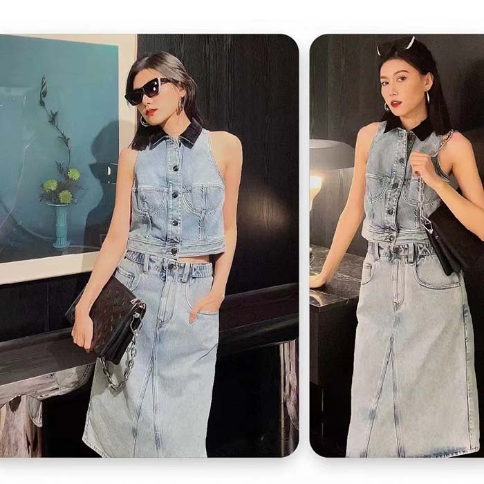 Louis Vuitton Women LV Sleeveless Velvet Accent Denim Jacket Cotton Blue 1AFEQ8