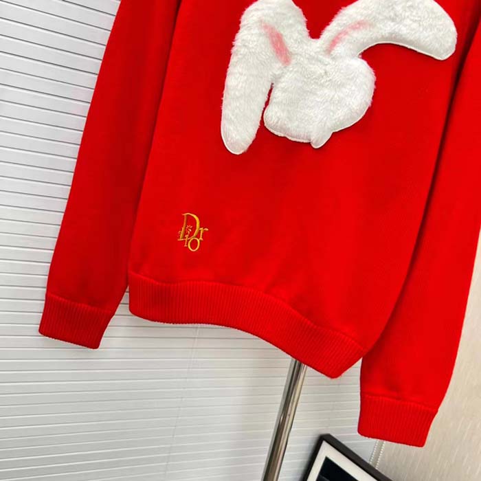 Dior Men CD By Erl Sweater Rabbit Patch Red Cotton-Blend Jersey Round Neck