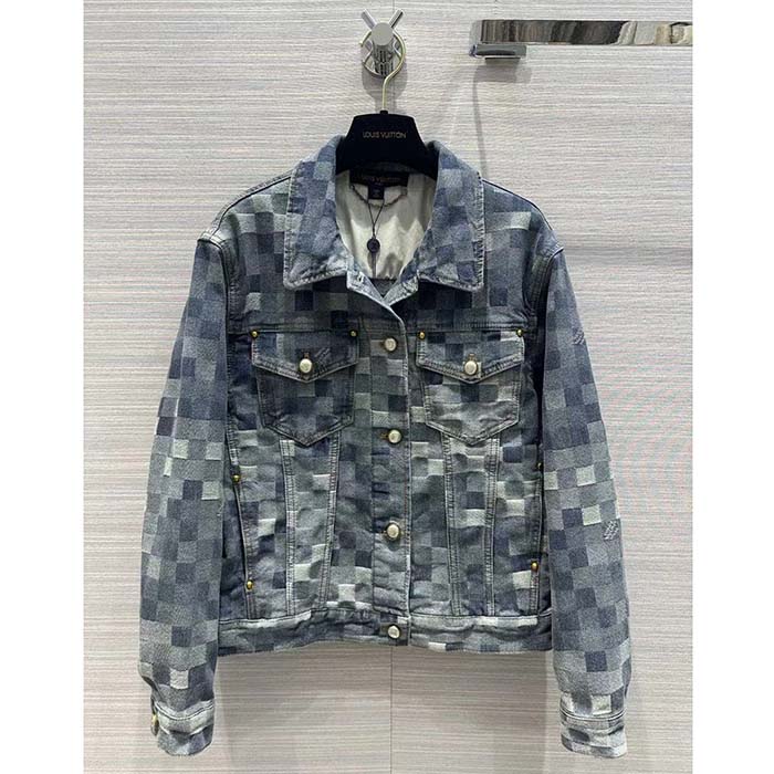 Louis Vuitton Women LV Runaway Damier Classic Denim Jacket Regular Fit Allover Damoflage Jacquard