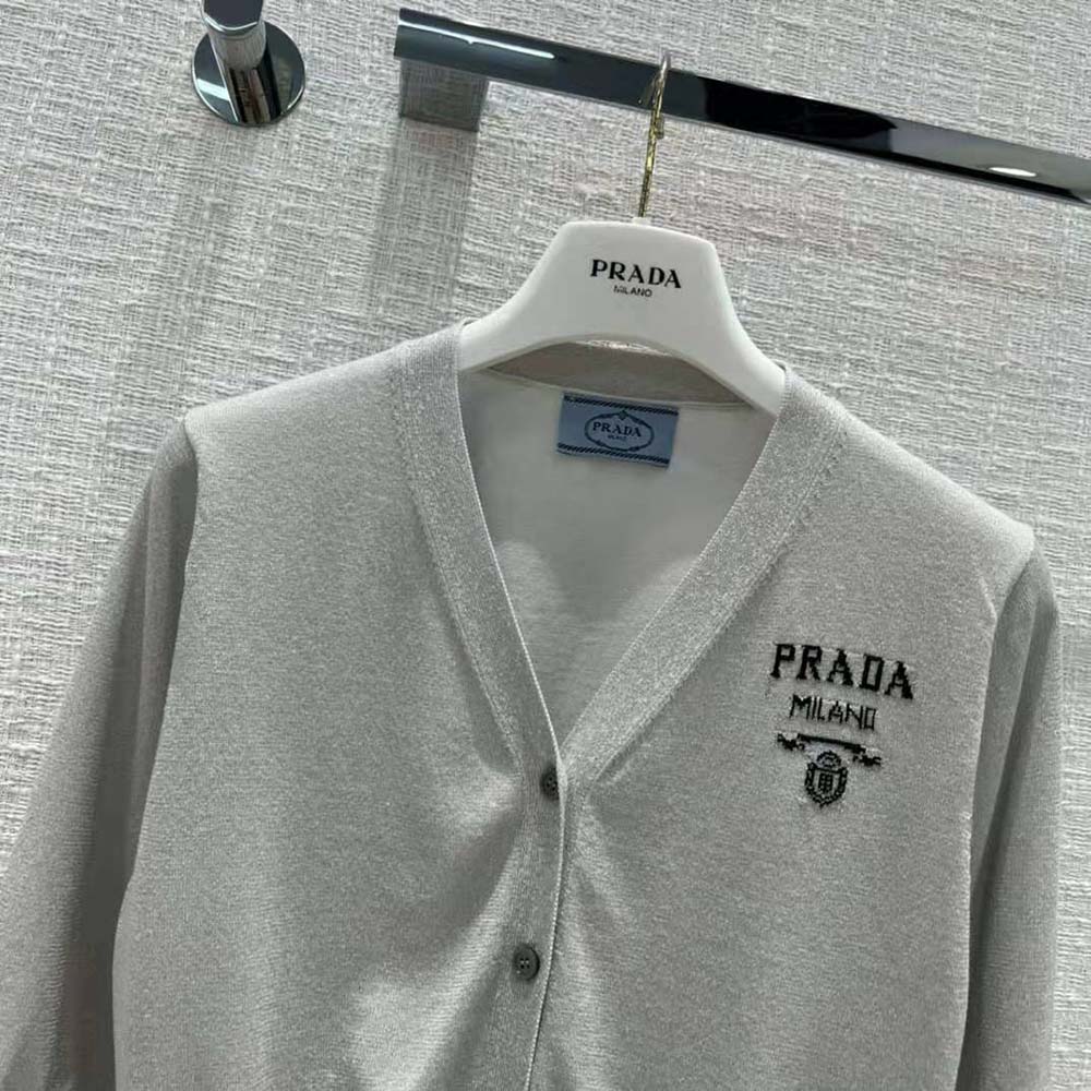 Prada Women Cropped Lurex Cardigan with Intarsia Logo-Silver