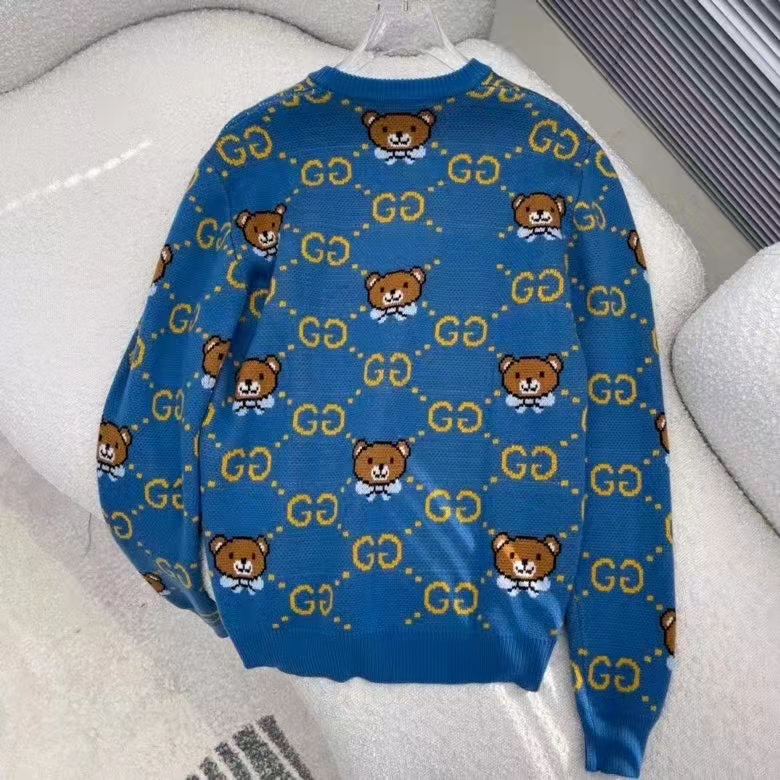 Gucci Women KAI x Gucci GG Jacquard Jumper Dark Blue Teddy Bear Wool Cotton Blend Crewneck