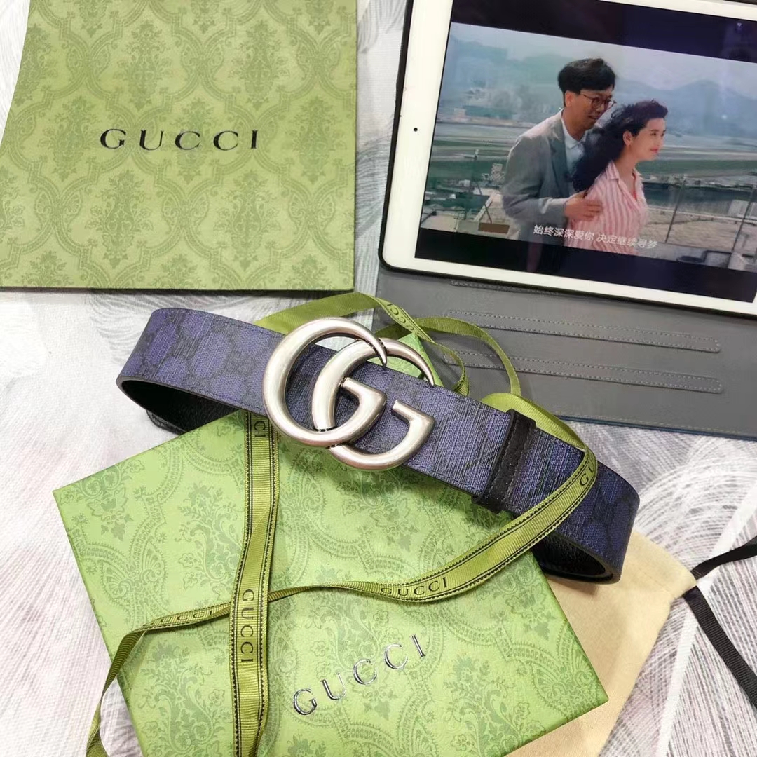 Gucci Unisex GG Marmont Reversible Belt Dark Blue Supreme Canvas Double G Buckle