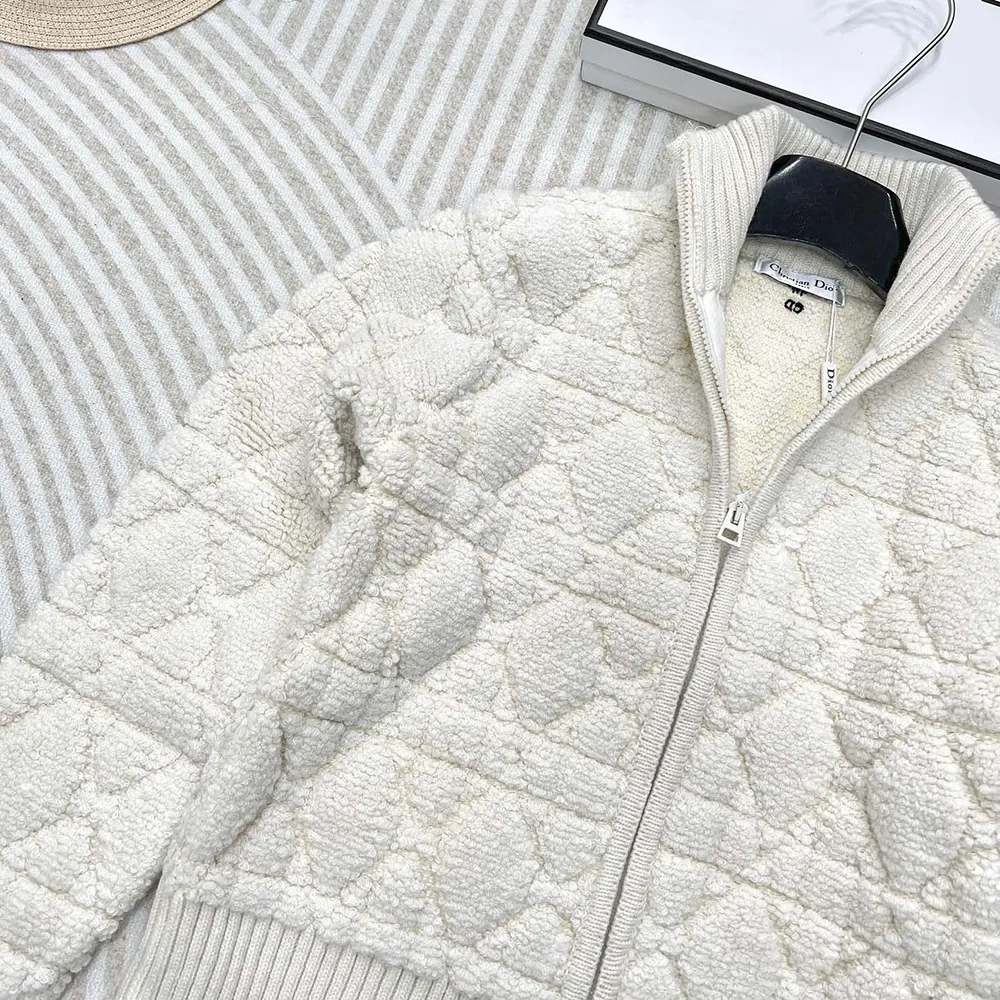 Dior Women Macrocannage Zipped Cardigan Ecru Wool- and Cashmere-Blend Knit
