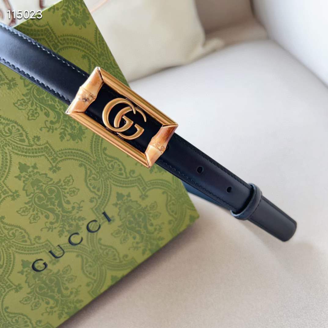 Gucci Unisex GG Belt Double G Buckle Bamboo Black Leather 1.8 CM Width