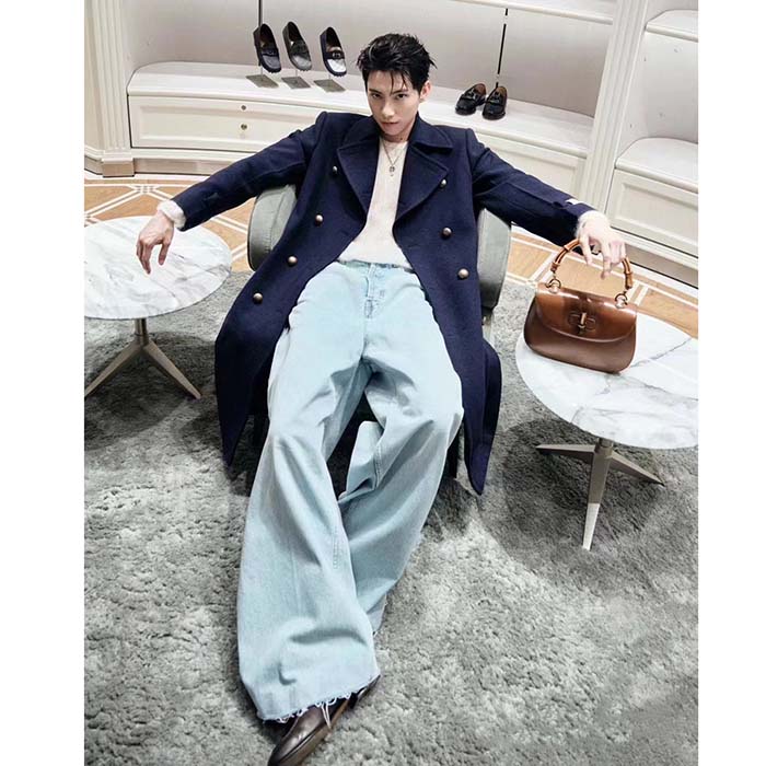 Gucci Men GG Felt Wool Coat Dark Navy Metal Buttons Gucci Cities Label Fully Lined