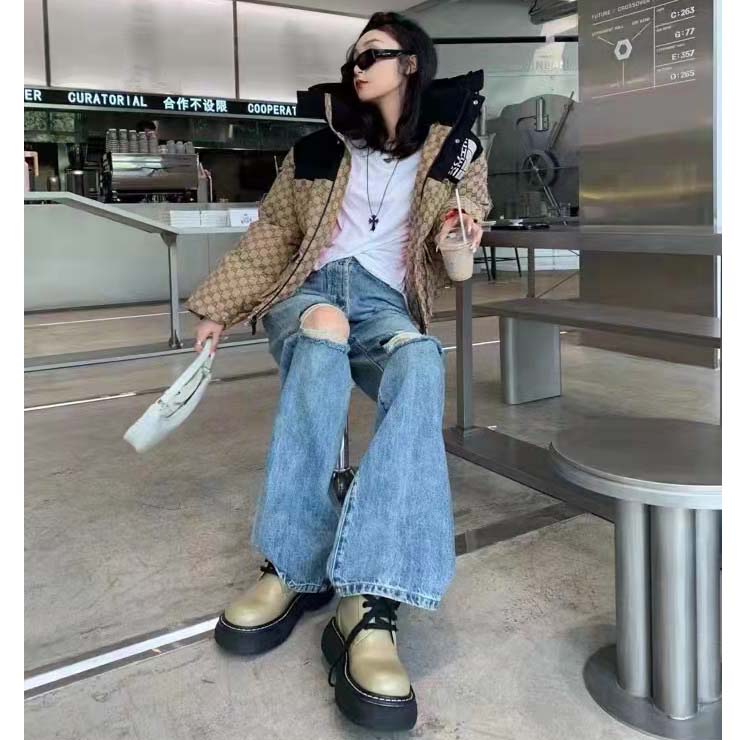 Gucci Women The North Face x Gucci Padded Jacket Beige Ebony GG Canvas