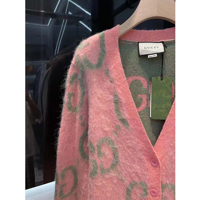 Gucci Women Reversible GG Mohair Cardigan Light Green Pink Brushed Jacquard Wool V-Neck