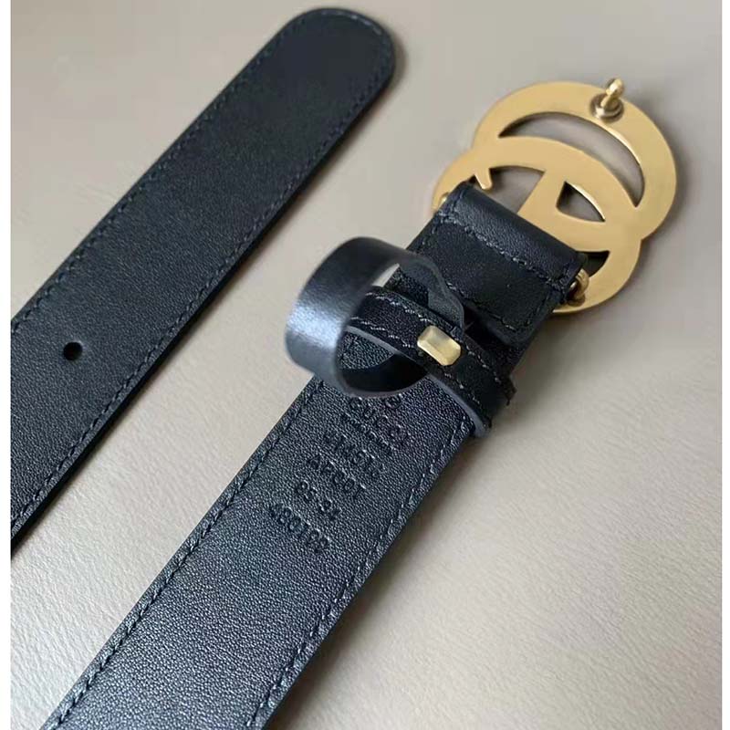 Gucci Unisex Slim Leather Belt Double G Buckle Black Leather 3 cm Width