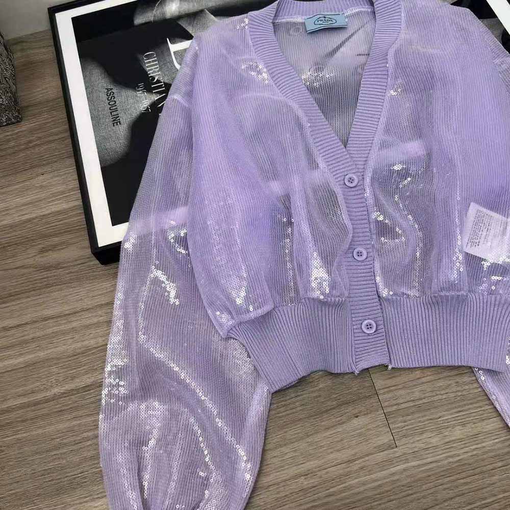 Prada Women Sequin-Embroidered Tulle Crop Top-Purple