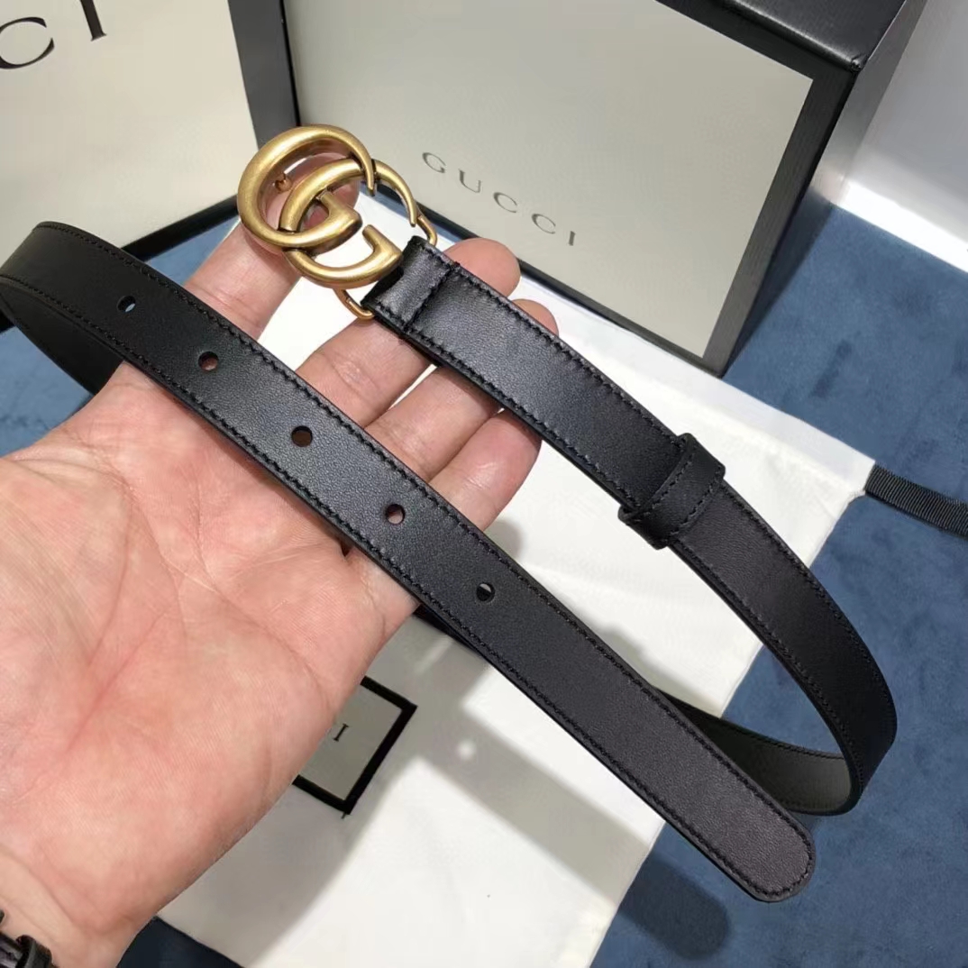 Gucci Unisex GG Leather Belt Double G Buckle Black Leather 2 CM Width