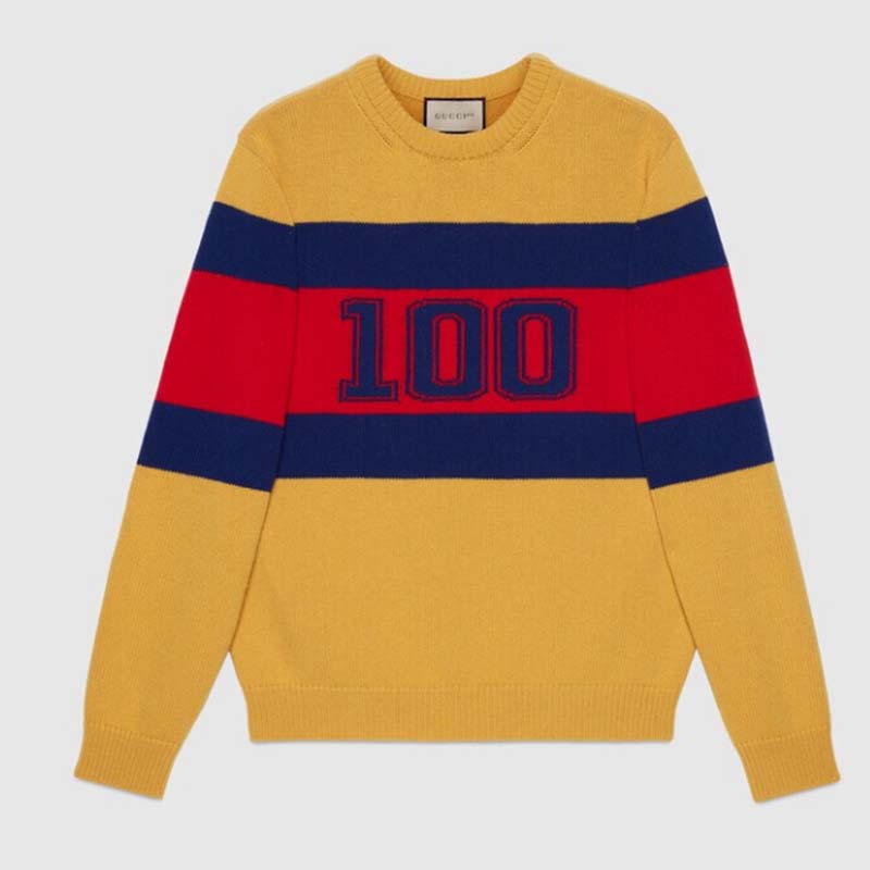 Gucci Women Gucci 100 Wool Sweater Yellow Wool Blue Red Web 100 Intarsia