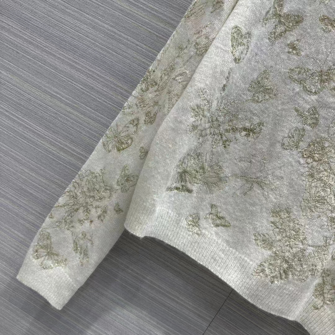 Dior Men CD Embroidered Sweater White Wool Cashmere Knit Gold-Tone Butterflies Motif