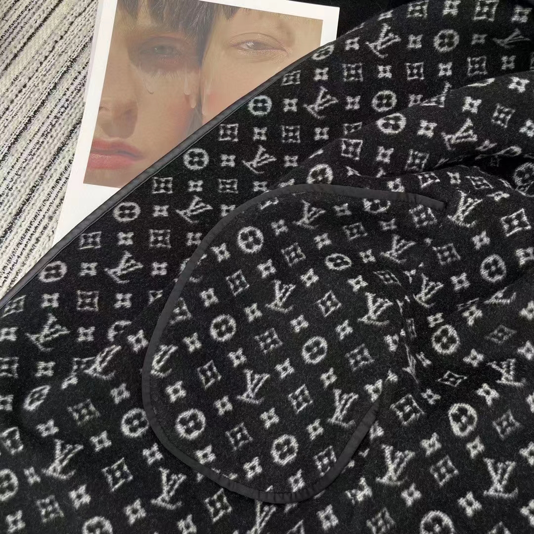 Louis Vuitton LV Women Hooded Wrap Coat Wool Silk Black White Regular Fit