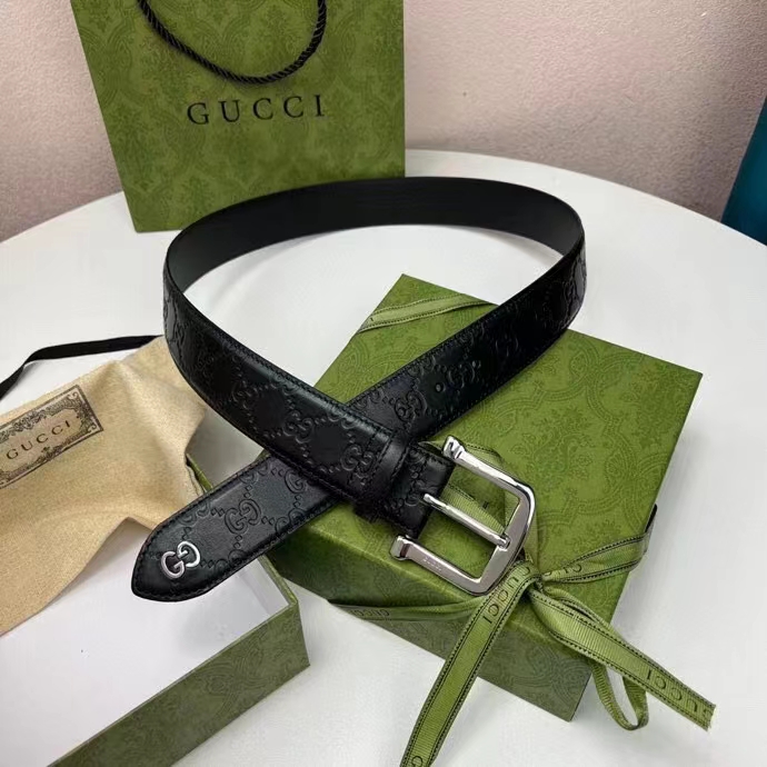 Gucci Unisex GG Gucci Signature Belt GG Detail Black Square Buckle Metal 3.8 CM Width