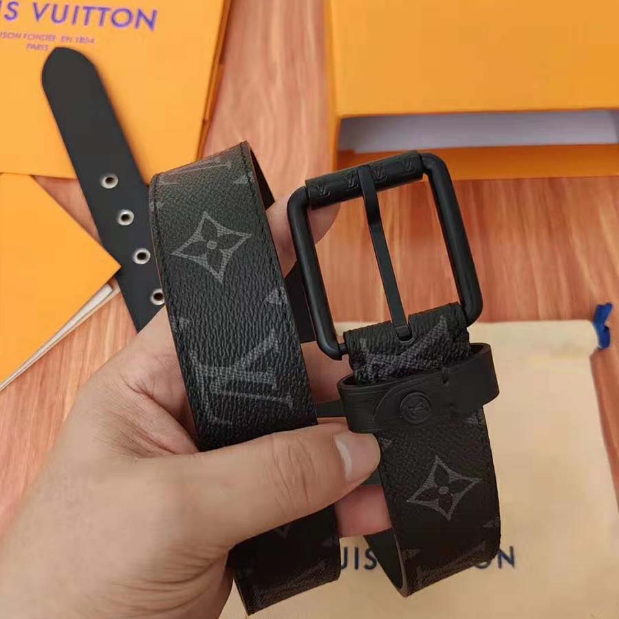 Louis Vuitton LV Unisex Voyager 35mm Belt in Monogram Eclipse Canvas-Grey