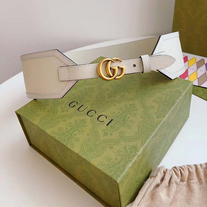 Gucci Unisex GG Marmont Wide Belt White Leather Double G 6.9 CM Width