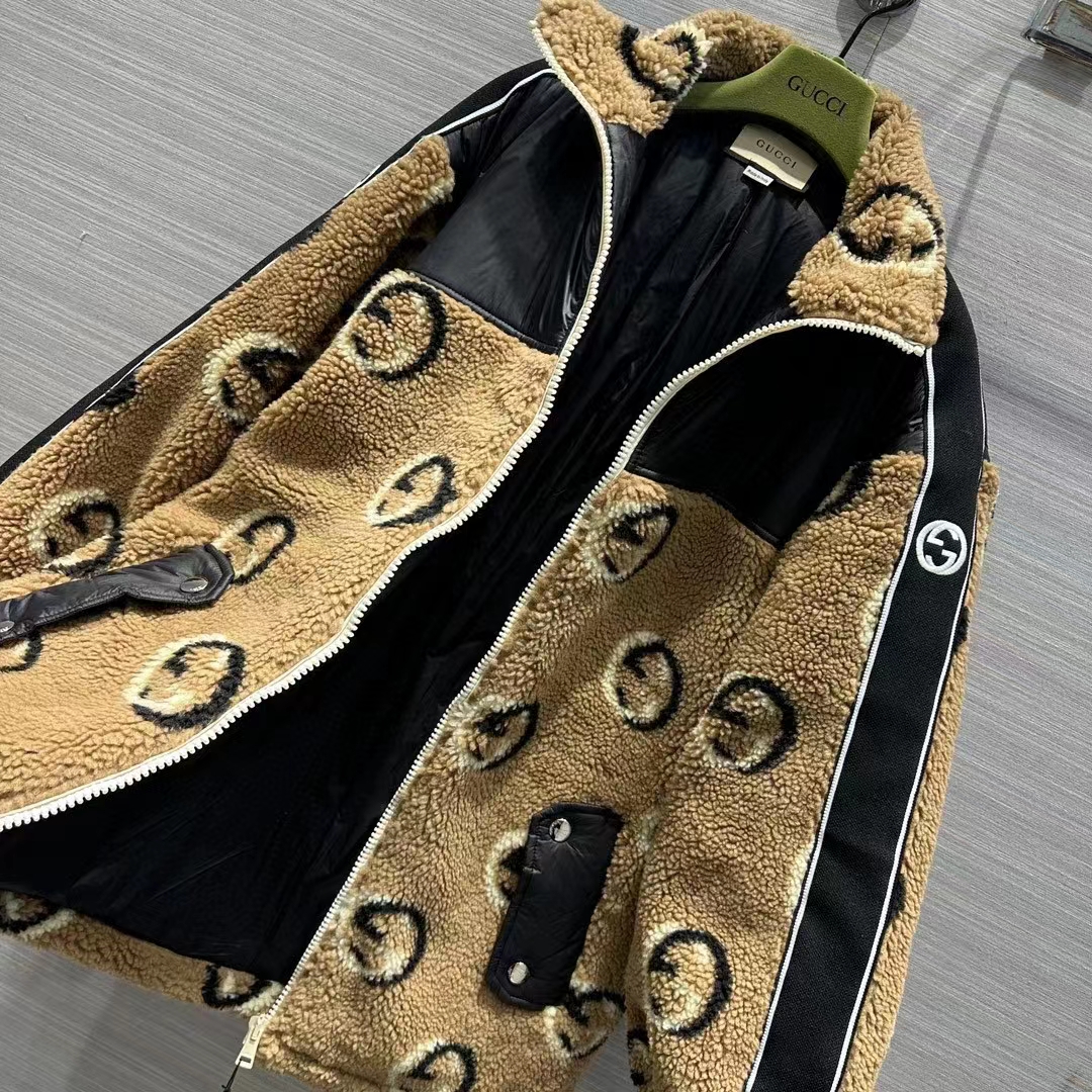 Gucci Men GG Wool Fleece Jacquard Zip Jacket Lined High Neck Dropped Shoulder Nylon Inserts