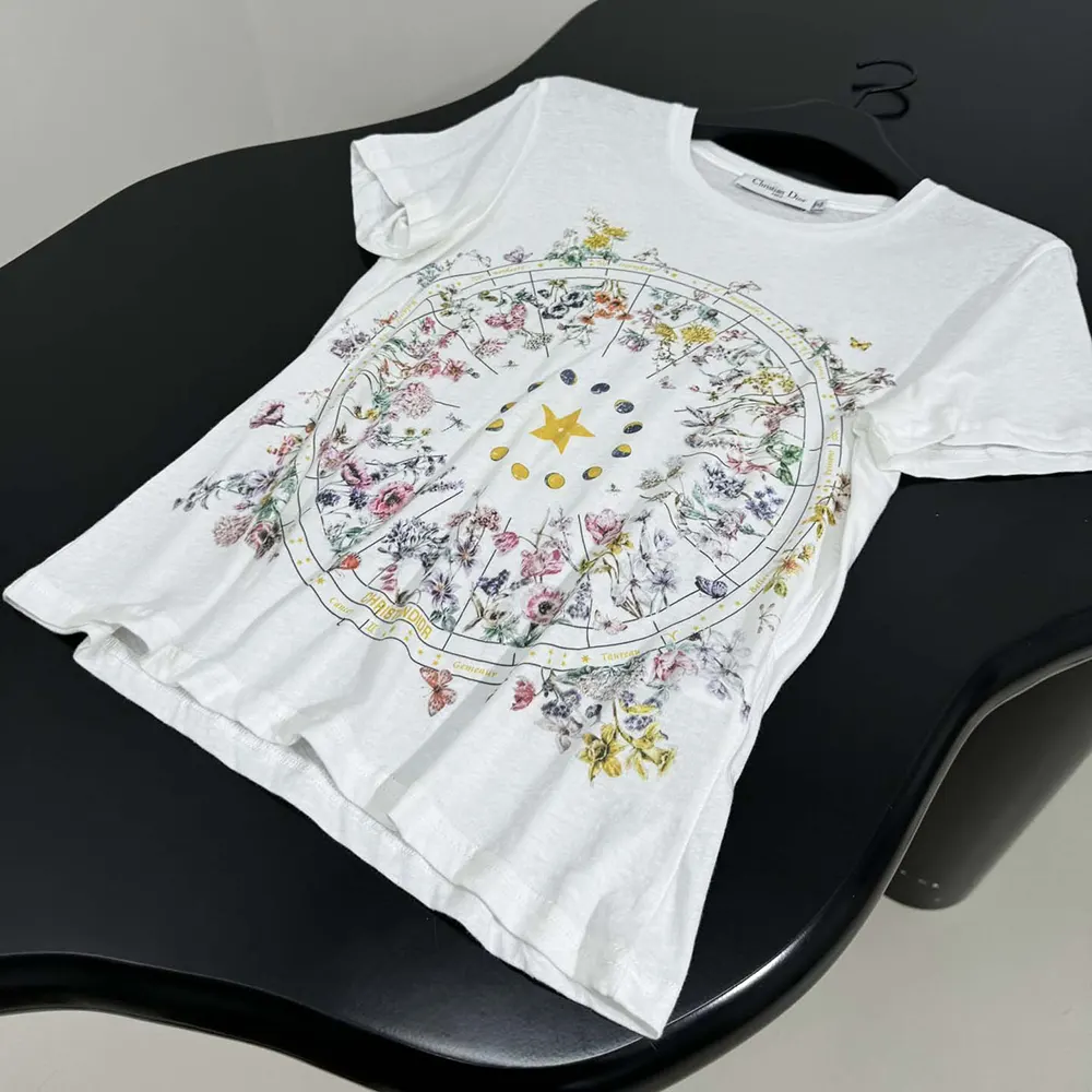 Dior Men T-Shirt White Cotton Jersey with Multicolor Dior Astral Flowers Motif