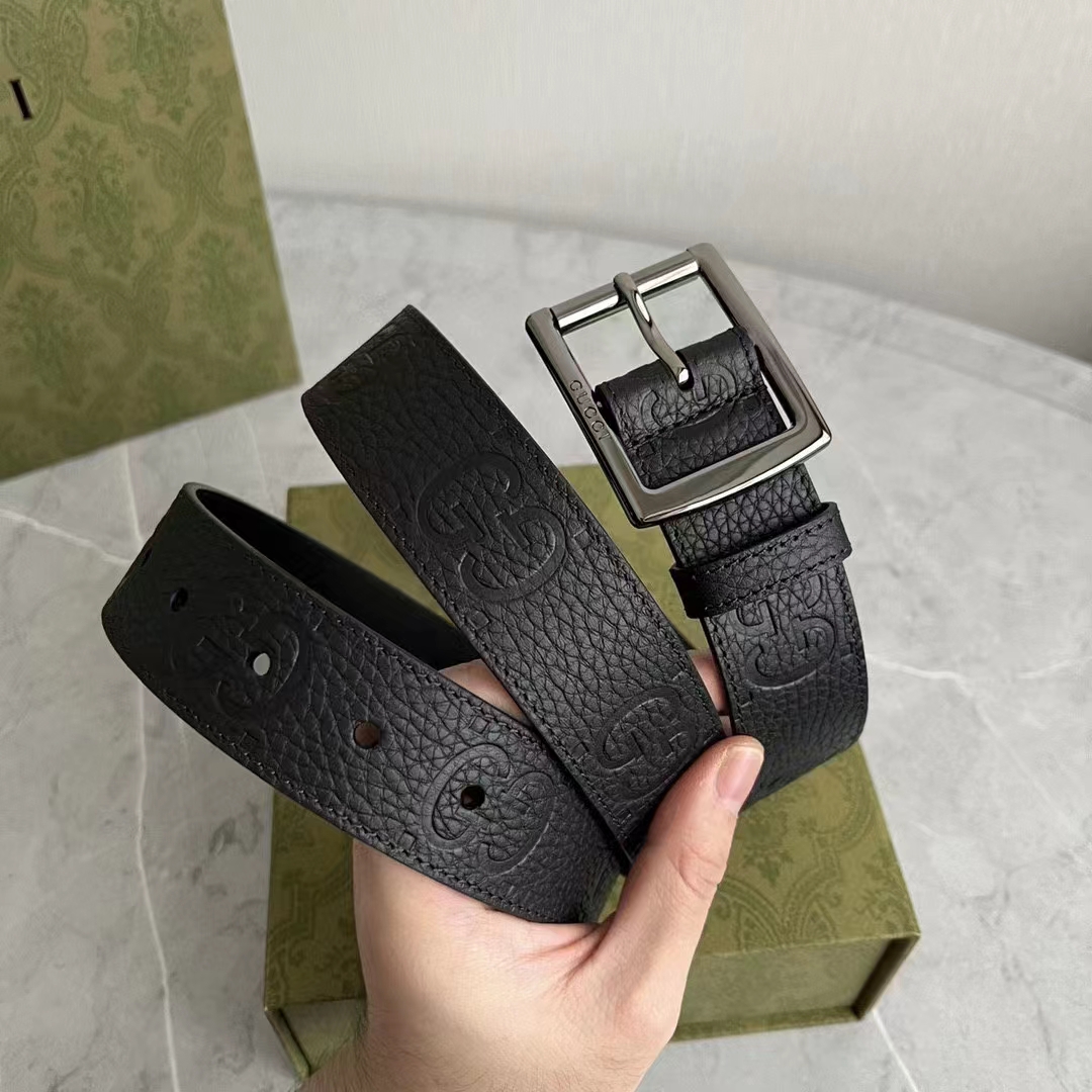 Gucci GG Unisex Rubber-Effect Leather Belt Black Square Buckle 3.3 CM Width
