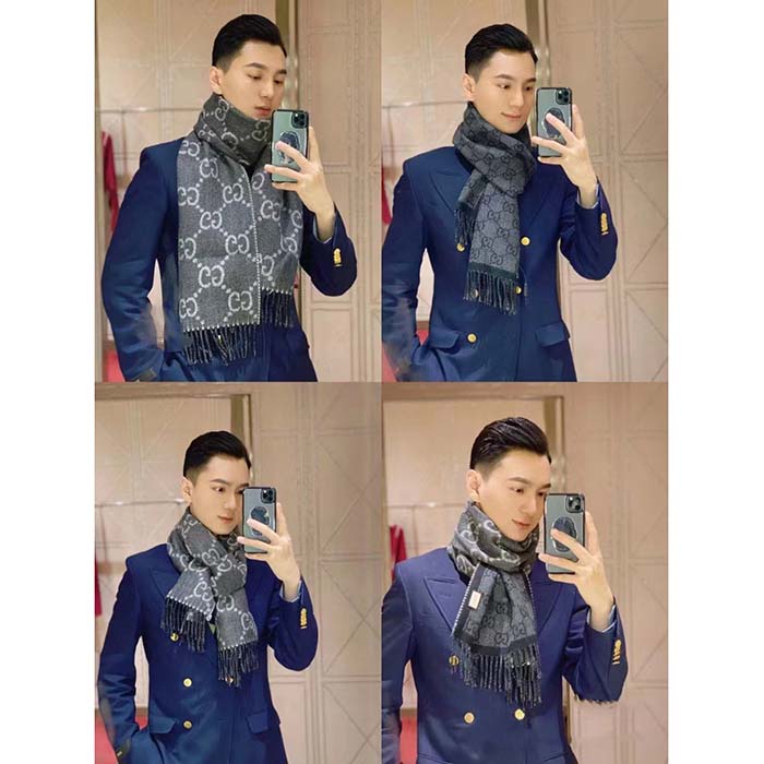 Gucci Unisex GG Jacquard Knit Scarf Tassels Grey Black Wool