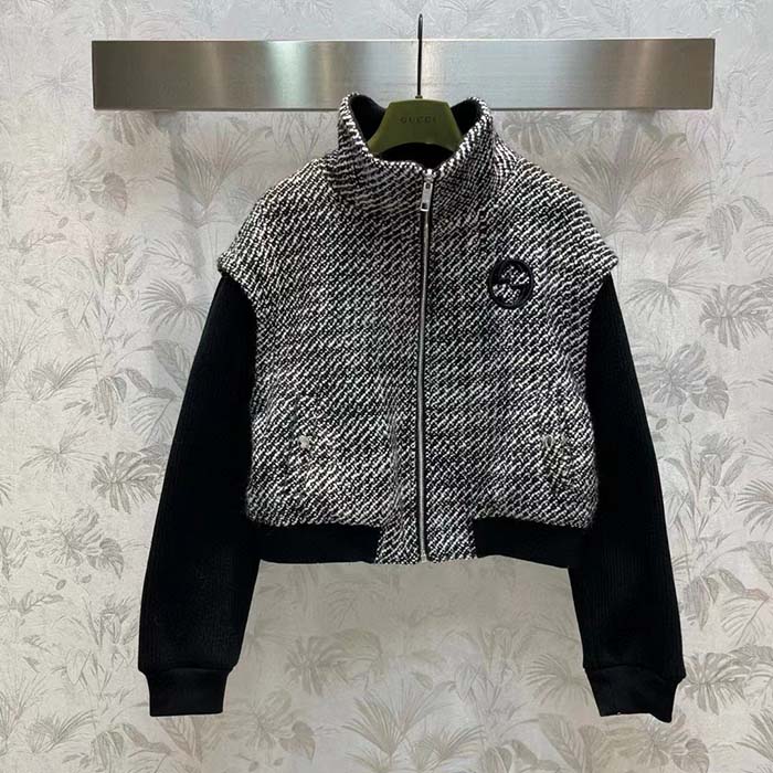 Gucci GG Women Bouclé Wool Jacket Interlocking G High Neck Dropped Shoulder