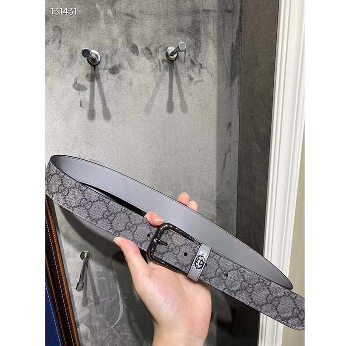 Gucci GG Unisex Belt Interlockig G Grey Black GG Supreme Canvas Leather Square Buckle