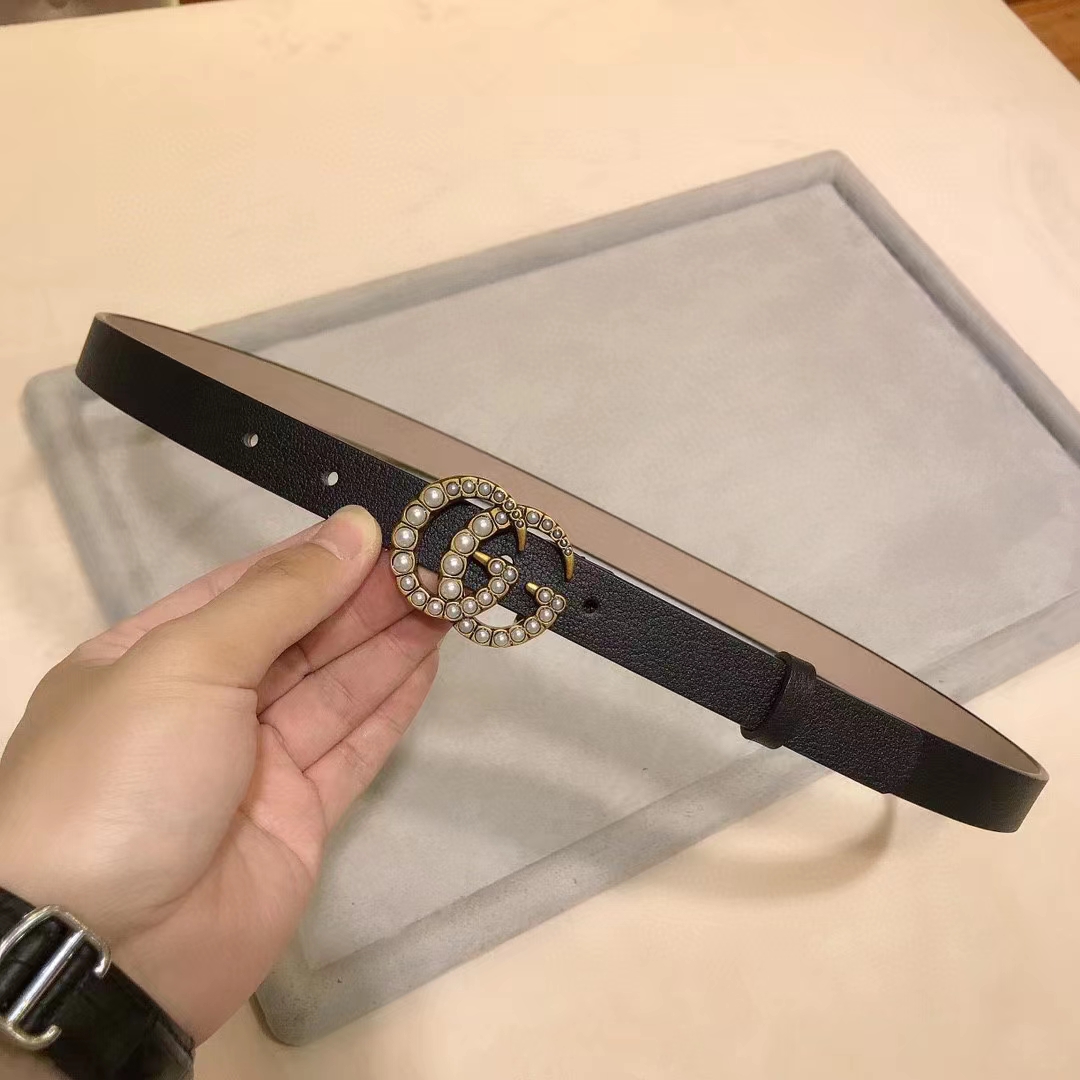 Gucci Unisex GG Leather Belt Pearl Double G Buckle Black 2 CM Width