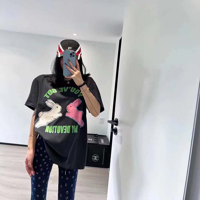 Gucci Women GG HA HA HA Bunny T-Shirt Black Medium Cotton Jersey Crewneck