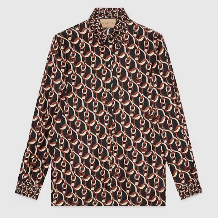 Gucci GG Men Interlocking G Chain Print Silk Shirt Point Collar Long Sleeves