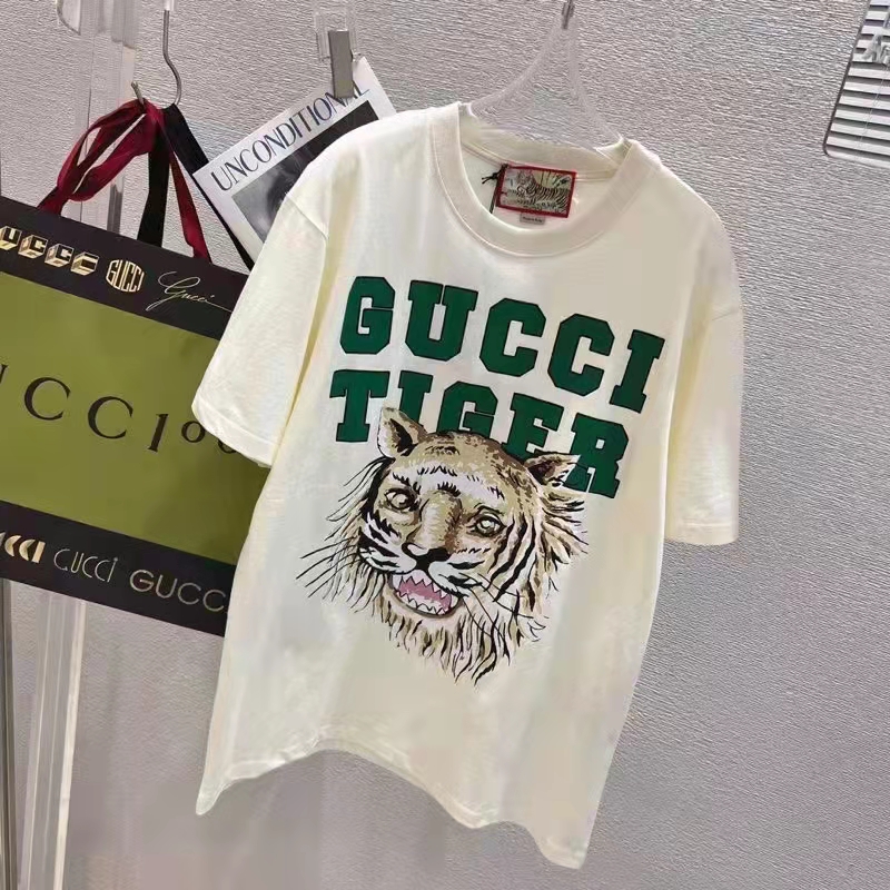 Gucci Women GG Tiger Cotton T-Shirt White Jersey Tiger Head Crewneck