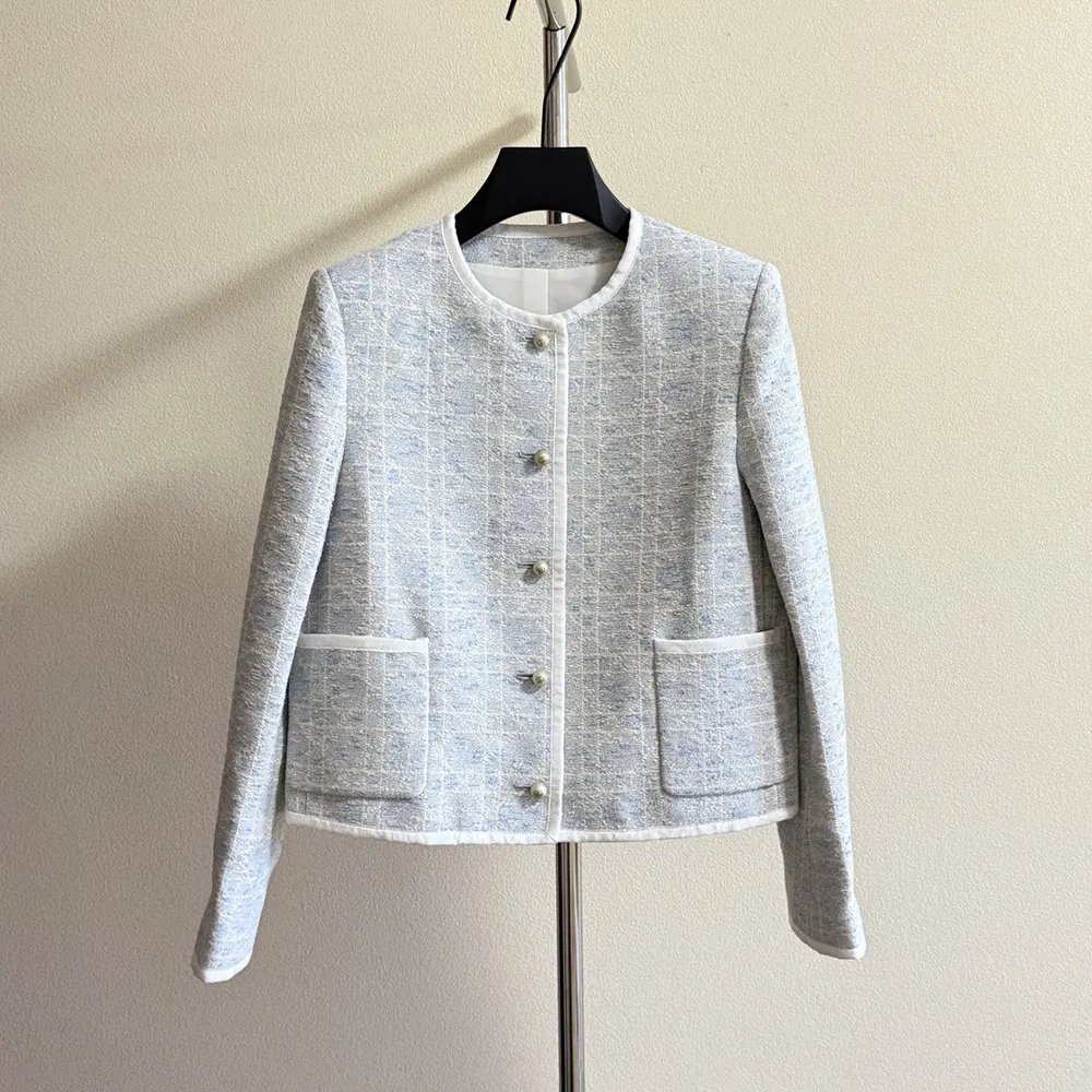 Dior Women Macrocannage Cropped Jacket Sky Blue Cotton-Blend Tweed