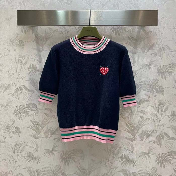 Gucci Women Fine Knit Sweater Embroidery GG Heart Round Neck