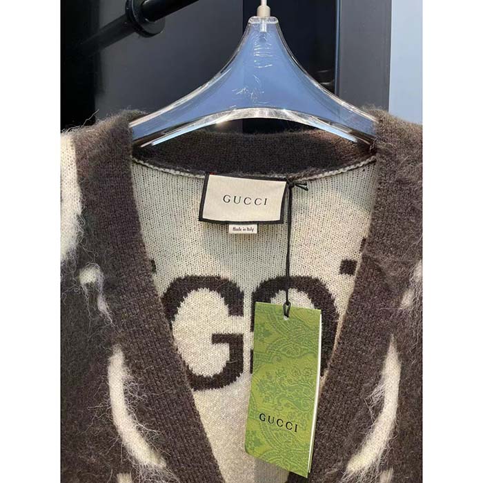 Gucci Women Reversible GG Mohair Wool Cardigan Brushed GG Jacquard Blend V-Neck Front Pockets