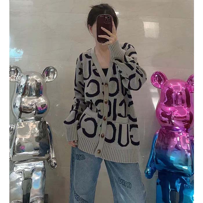 Gucci Women GG Cardigan Gucci Intarsia Grey Wool Blue V-Neck Dropped Shoulder Long Sleeves Two Pockets