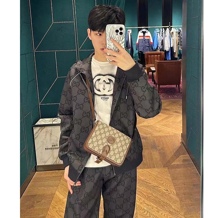 Gucci Men GG Jumbo GG Zip Jacket Web Dark Grey Neoprene Canvas Raglan Sleeves