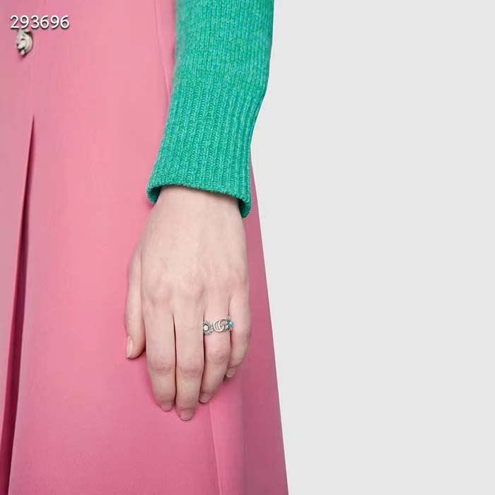 Gucci Unisex Double G Mother Of Pearl Ring Flowers Resin Blue Topaz Stones 925 Sterling Silver