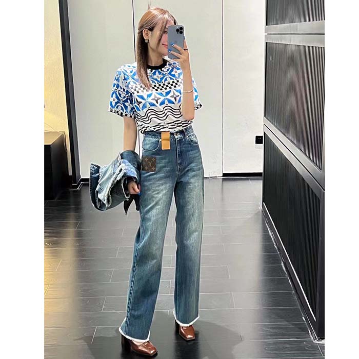 Louis Vuitton LV Women Monogram Tile T-Shirt Cotton Blue White Regular Fit