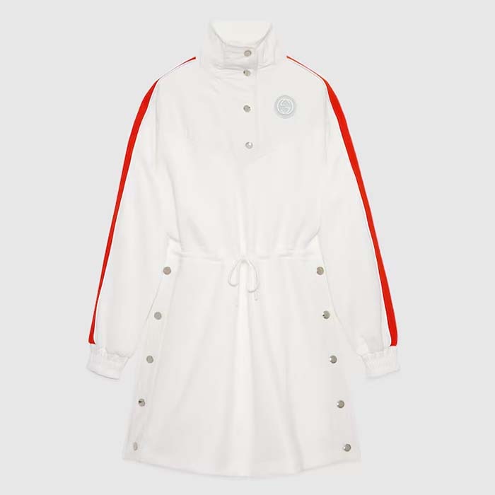 Gucci Women GG Technical Jersey Dress Web High Neck Dropped Shoulder Elastic Cuffs Drawstring Waist