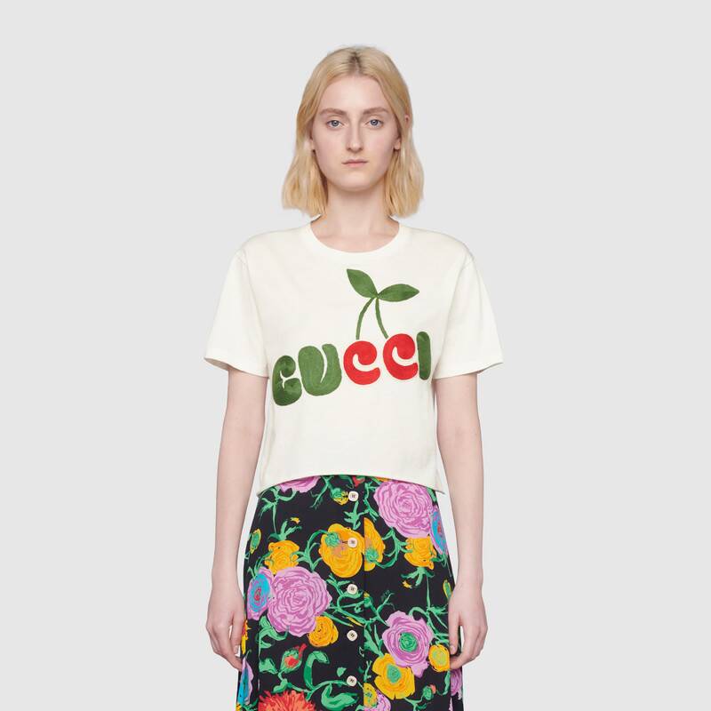 Gucci Women Gucci Cherry Print Cotton T-Shirt Jersey Crewneck Cropped Fit-White