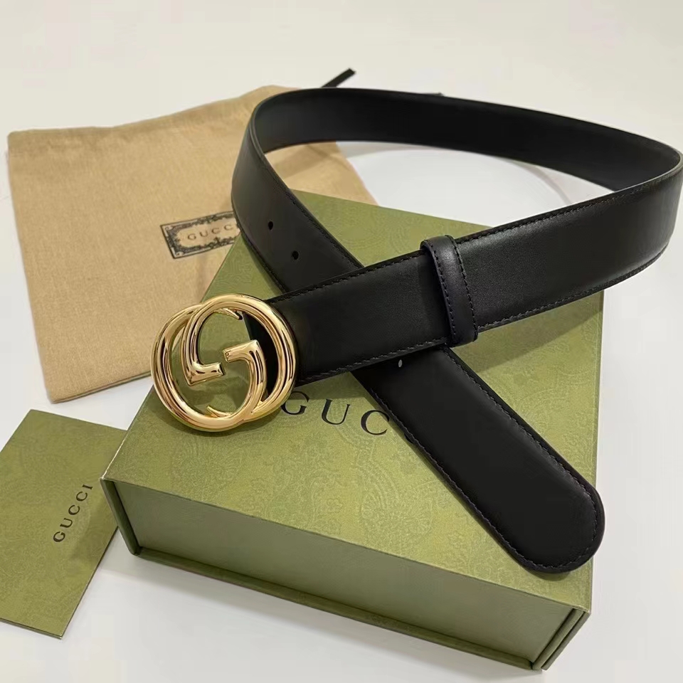 Gucci Unisex Blondie Belt Black Leather Round Interlocking G Buckle 4 CM Width