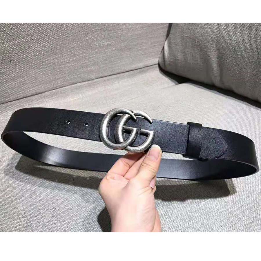Gucci Unisex Leather Belt with Double G Buckle in 2.5cm Width-Black and Silver