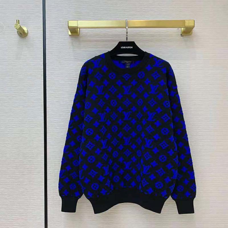 Louis Vuitton Women Full Monogram Jacquard Crew Neck Cotton Blue Regular Fit