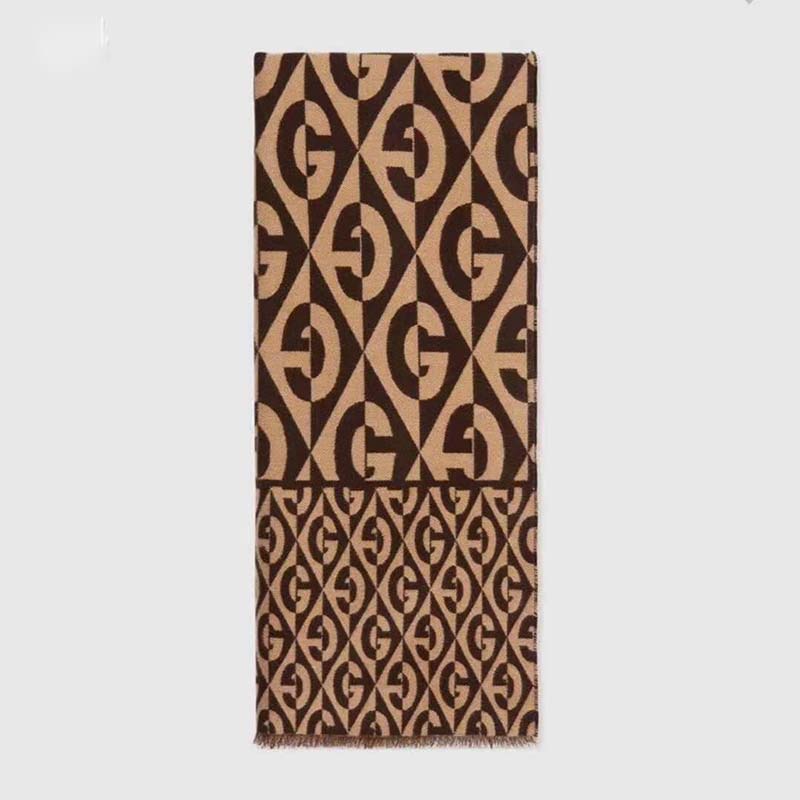 Gucci Unisex G Rhombus Jacquard Scarf in Wool and Cotton-Brown