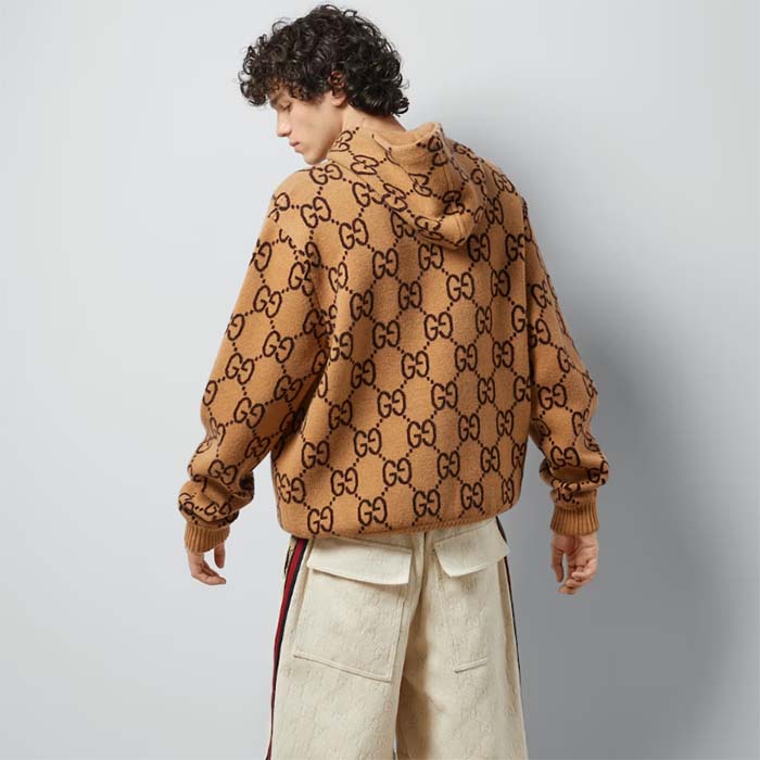 Gucci Men GG Wool Hooded Sweatshirt Camel Ebony Fixed Hood Kangaroo Pocket Rib