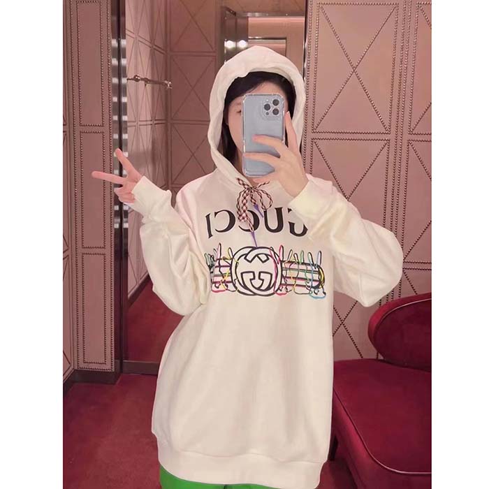 Gucci Women GG Logo Bunny Print Hooded Cotton Sweatshirt Off White Cotton Jersey
