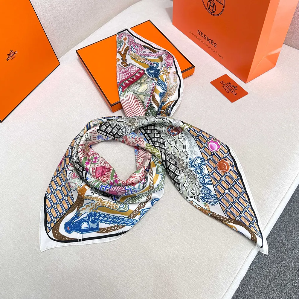 Hermes Women Super Silk Quest Detail Scarf 90 Blue Twill