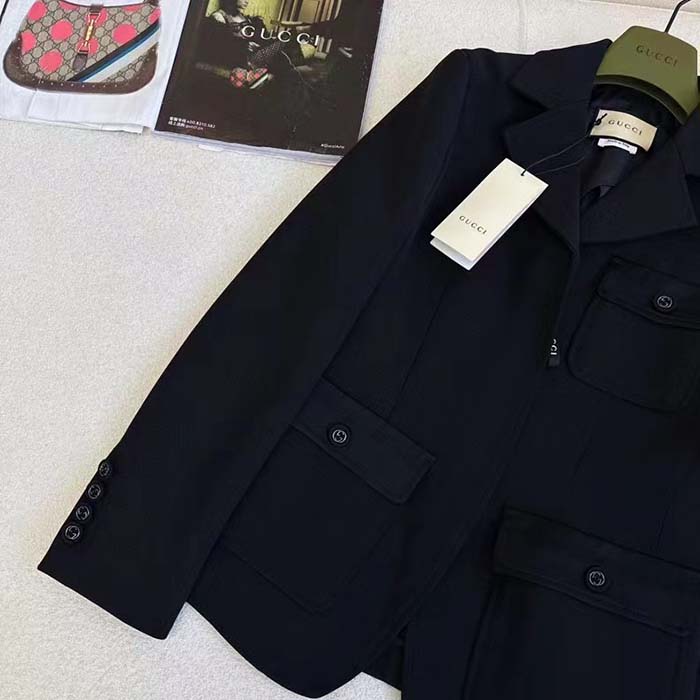 Gucci Women GG Wool Jacquard Jacket Black Lined Notch Lapel Petite Fit