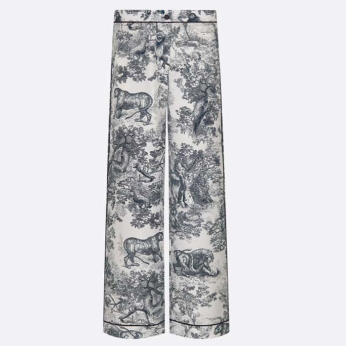 Dior Men CD Dior Chez Moi Pants White Silk Twill Navy Blue Toile De Jouy